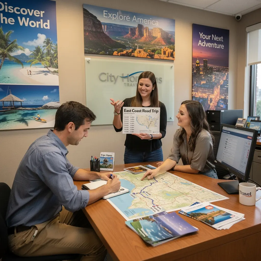 Grupa podróżników przy samochodzie na malowniczej drodze.