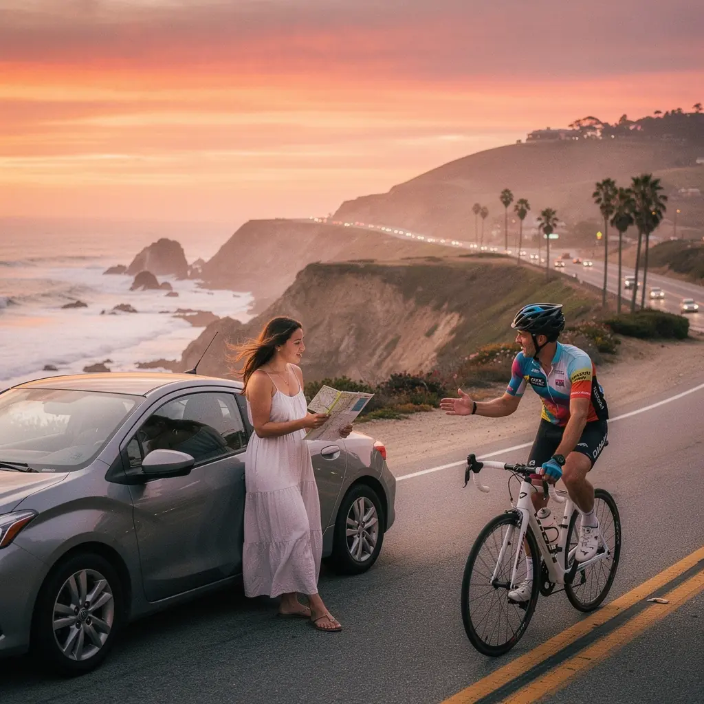 Pojazd turystyczny na tle urokliwej, wiejskiej scenerii.