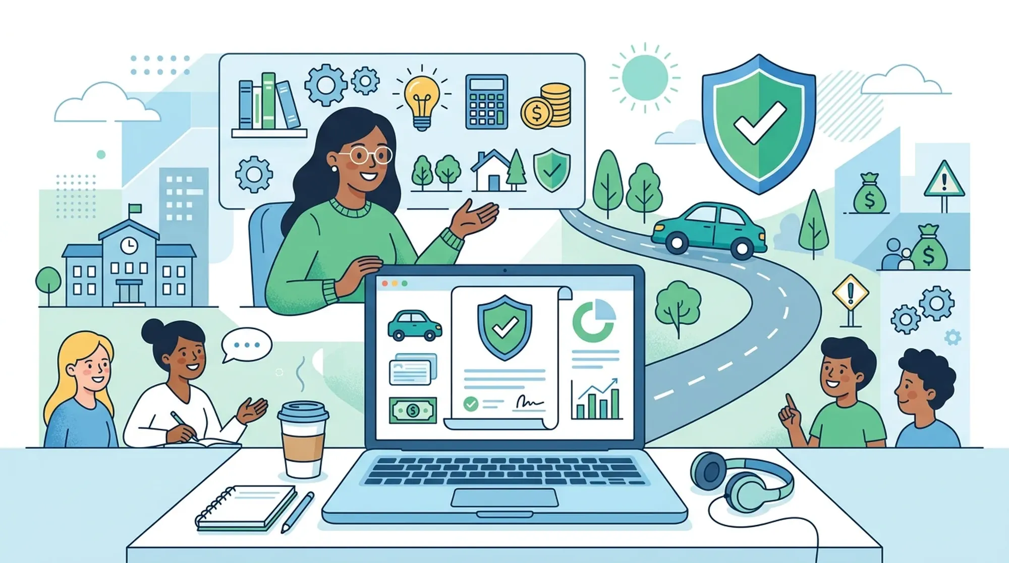 Ilustracja nauki o ubezpieczeniu komunikacyjnym online